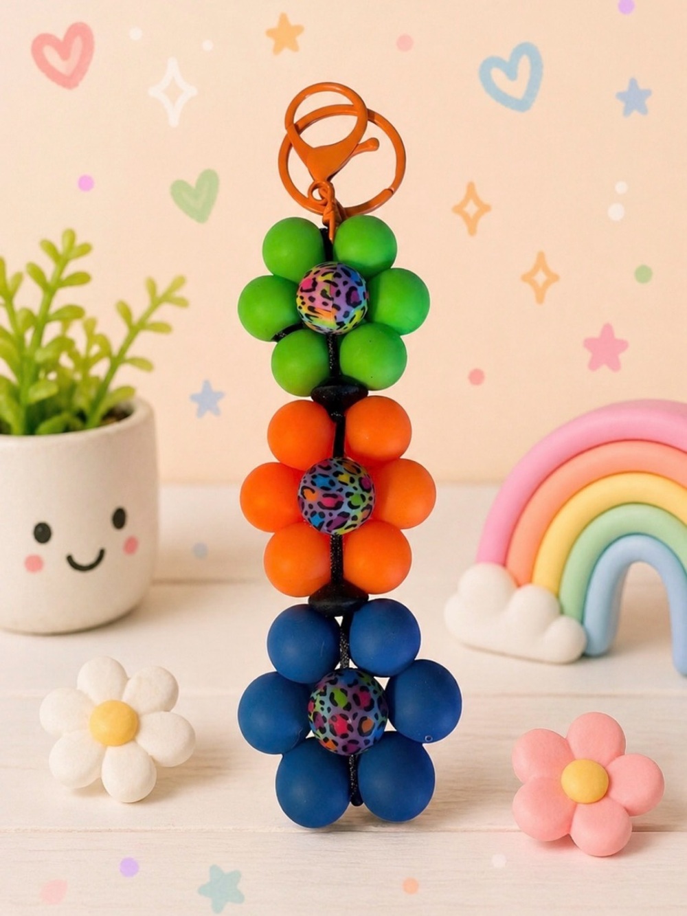 Handmade Colorful Flower Beaded Keychain - Green Orange Blue
